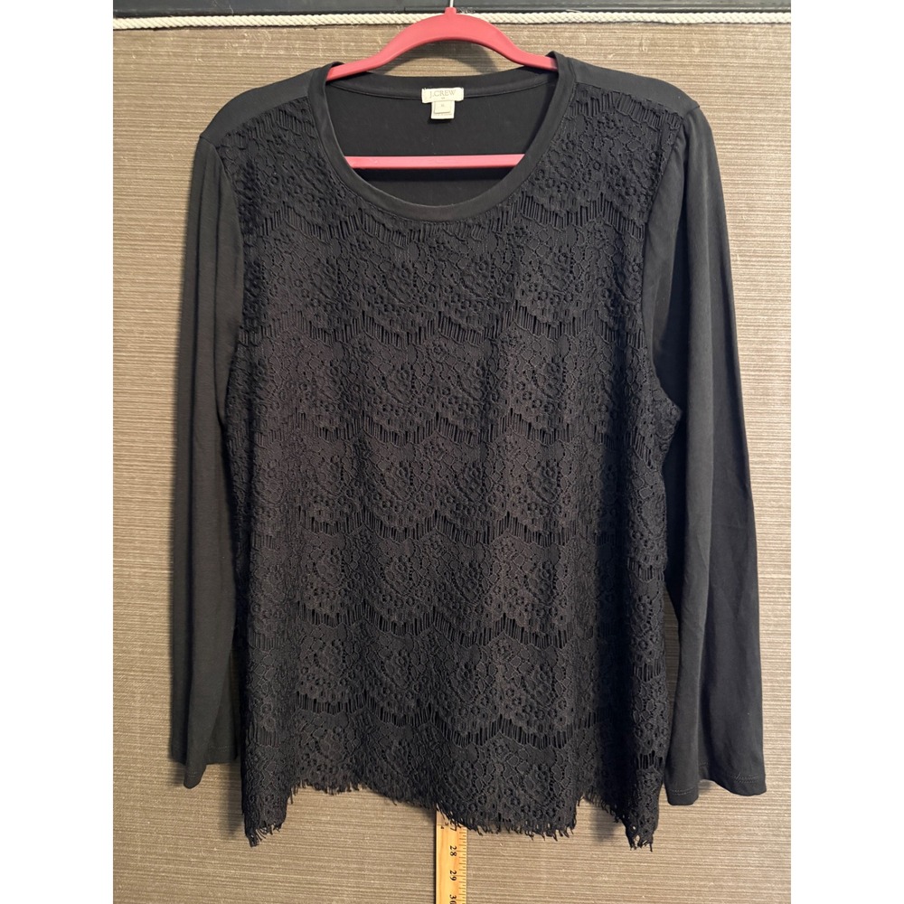 J.Crew Black Lace Front Long Sleeve Top Eyelash Hem F5016 XL